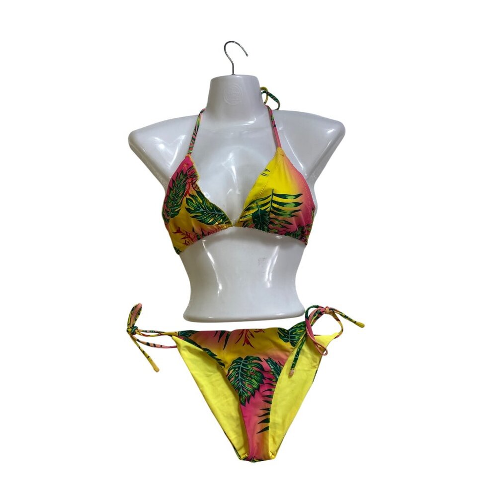 Sexy Yellow Pink‎ Tropical Print Bikini Swimwear Large Eighties Y2K Miami Beach